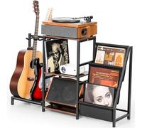 CAHAYA Supporto per Chitarre e Vinili 4-in-1: Mobile per Giradischi con Capacità 200 LP & 2 Chitarre - Scaffale per Amplificatore, Chitarra Elettrica, Basso, Acustica