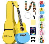 CAHAYA Ukulele da concerto con custodia per adulti appassionati: ukulele in tiglio con macchina geared, cinghia, note, corde, panno per la pulizia, 4 plettri, 23 pollici, giallo-blu