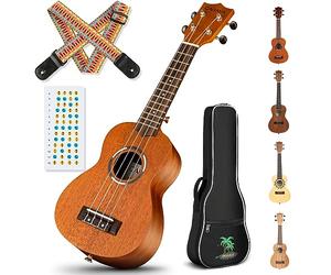 CAHAYA Ukulele soprano per principianti: kit starter per ukulele da 53,3 cm, con borsa da trasporto, tracolla, adesivi per tastiera, per adulti e bambini, in mogano CY0335