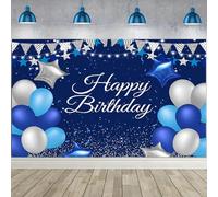 Caheansi 1,8 x 1,2 m Happy Birthday sfondo blu glitter argento puntini stelle palloncini compleanno fotografia sfondo ragazzi uomini festa di compleanno banner decorazioni torta tavolo foto puntelli