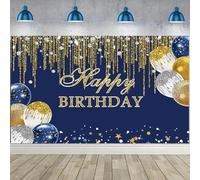 Caheansi 2,4 x 1,8 m blu e oro Happy Birthday sfondo glitter oro argento pois diamanti palloncini compleanno fotografia sfondo ragazzi uomini festa di compleanno banner decorazioni foto puntelli