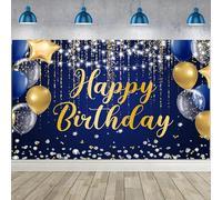 Caheansi 2,4 x 1,8 m blu Happy Birthday sfondo blu oro glitter argento stelle palloncini compleanno fotografia sfondo ragazzi uomini festa di compleanno banner decorazioni torta tavolo foto puntelli