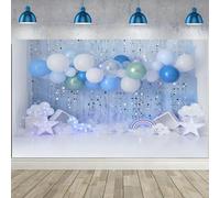 Caheansi 2,4 x 1,8 m sfondo blu Happy Birthday palloncini bianchi e blu stelle glitter nastro arcobaleno nuvola compleanno fotografia sfondo festa di compleanno banner decorazioni foto puntelli