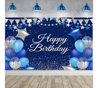Caheansi 2,7 x 1,8 m blu Happy Birthday sfondo blu glitter argento puntini stelle palloncini compleanno fotografia sfondo ragazzi uomini festa di compleanno decorazioni torta tavolo banner foto