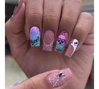 Caiguoer 24 Pz Ghost Cobweb Halloween Unghie False Quadrate Breve Chiodi False Stampa su Unghie per Donne e Ragazze (A, 1)