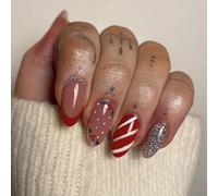 Caiguoer 24 Pz Natale Chiodi Falsi Rosso Corto Ovale Falsi Chiodi Fiocco di Neve Glitter Stampa su Unghie per la Donna (A)