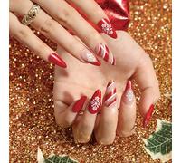 Caiguoer 24 Pz Natale Chiodi Falsi Rosso Corto Ovale Falsi Chiodi Fiocco di Neve Glitter Stampa su Unghie per la Donna (B)