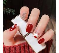 Caiguoer 24 Pz Natale Chiodi Falsi Rosso Corto Quadrato Chiodi Falsi Santa Fiocco di Neve Elk Press sulle Unghie per la Donna (C)