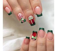 Caiguoer 24 Pz Natale Chiodi Falsi Rosso Corto Quadrato Chiodi Falsi Santa Fiocco di Neve Elk Press sulle Unghie per la Donna (E)