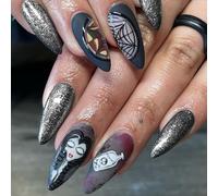 Caiguoer 24 Pz Punta Cobweb Halloween Unghie finte Dolce Cool Ragazza Unghie finte Dark Long Press su Unghie per le donne e le ragazze