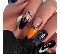 Caiguoer 24 pz Punta Nero Halloween Chiodi False Fantasma Chiodi False Dark Long Press su Unghie per Donne e Ragazze (B, Taglia unica)
