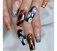 Caiguoer 24 Pz Quadrato Cobweb Halloween Chiodi Falsi Fantasma Zucca Chiodi Falsi Stampa Lunga su Unghie per Donne e Ragazze (A, 1)