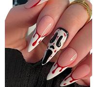 Caiguoer 24 Pz Teschio Puntato Chiodo Falso Rosa Cristallo Chiodi Falsi Lunghi Halloween Blooddrops Stampa su Unghie per Donne e Ragazze (A, 1)