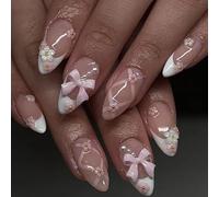 Caiguoer 24 unghie finte a mandorla, fiocco rosa nude, unghie finte con fiore francese, unghie a pressione per donne e ragazze
