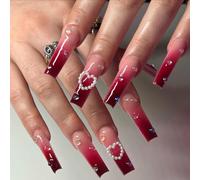 Caiguoer 24 unghie finte lunghe quadrate, colore rosso, per donne e ragazze