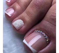 Caiguoer 24pcs Quadrato Francese Fake Unghie Nude Rosa Viola False Unghie dei piedi Strass Crystal Press sulle unghie dei piedi per le donne e le ragazze (B)