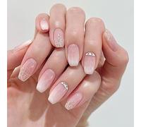 Caiguoer 24pcs Quadrato Rosa Bianco Gradiente Unghie False Strass Chiodi False Breve French Press su Unghie per Donne e Ragazze (B)