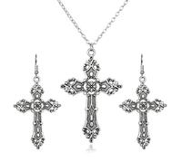 Caiguoer Croce Collana e Orecchini Set Argento Gotico Crocifisso Collana Halloween Gioielli per le Donne (B)
