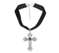 Caiguoer Gotico Argento Vintage Croce Collana Grande Inciso Fiore Croce Collare Collana Halloween Accessori per Donne e Ragazze (A)
