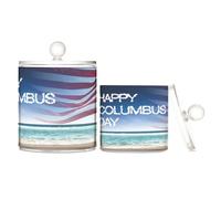 Caihoyu Happy Columbus Day with Us Flag - Barattoli in plastica trasparente con coperchio, accessori per ufficio, piccoli contenitori decorativi per tamponi di cotone, confezione da 2