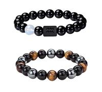 Caimeytie Set di 2 Bracciali da Uomo Regolabile con Perle Elastiche, Braccialetti con Segni Zodiacali della Costellazione, Braccialetti della Fortuna 21,5CM, Vetro, vetro