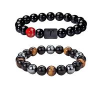 Caimeytie Set di 2 Bracciali da Uomo Regolabile con Perle Elastiche, Braccialetti con Segni Zodiacali della Costellazione, Braccialetti della Fortuna 21,5CM, Vetro, vetro