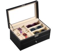 CAINV Grande scatola for orologi in pelle a 2 strati e amp; Custodia for occhiali da sole for gioielli Organizer for display Cassetto con serratura Organizer-Nero Grande capacità