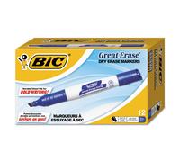 Caja de 15 marcadores para pizarra blanca Bic Great Erase de bajo olor, punta biselada azul.
