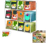 Caja de té de acrílico transparente con 12 compartimentos, capacidad para más de 200 bolsitas de té, almacenamiento apilable con tapa, para la despensa y la encimera