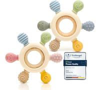 CAJA Massaggiagengive Set 2 pz Anello da dentizione gioco da mordere | Realizzato in silicone e legno | Senza BPA | Favorisce la presa, lo sviluppo sensoriale e la motricità | Regalo nascita