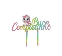 CAKE TOPPER IN PLEXIGLASS A SPECCHIO BUON COMPLEANNO SFUMATO UNICORNO 20 CM