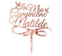 Cake Topper La mia Comunione con Nome Personalizzato | Targhetta Decorativa per Torte Personalizzabile in Plexiglass Specchiato, 15 cm di Altezza x 12 cm (Rose Gold)