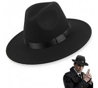 CAKEEYUM Cappello Fedora Nero da Uomo, Classico Cappello Fedora Nero Gangster degli Anni '20 con Elegante Fascia in Raso per Feste ed Eventi a Tema da Uomo, Cappelli da