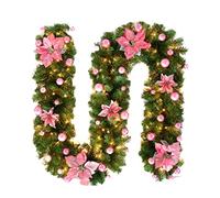 CAKEEYUM Decorazioni Ghirlanda Natalizia a LED Ghirlanda Natalizia preilluminata con luci per Scale Camini Decorazioni Rosa preilluminata Nata