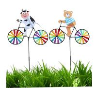 CAKEEYUM Girandola a con Paletto 2 Pezzi Simpatico Cartone Animato Mucca e Orso in Bicicletta Girandole a 21x35 Pollici Girandole Decorative Colorate da Esterno per Giardino Cortile Parco Girandol