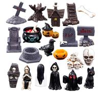 CAKEEYUM Miniature di Halloween, 21 pezzi in resina mini figurine di Halloween, teste horror cranio corvo scena di lapide accessori del villaggio di per le feste di bomboniere filler decor
