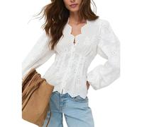 CakfLjkhl Top da donna in sangallo a manica lunga con scollo a V e bottoni, bluse ricamate con découpage, camicie eleganti,Bianca,L
