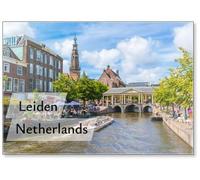 Calamita da frigorifero con canale del Reno, Torre del municipio e ponte Koornbrug, Leida, Paesi Bassi,