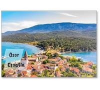 Calamita da frigorifero con città storica di Osor con ponte che collega le isole Cres e Lussino, Croazia,
