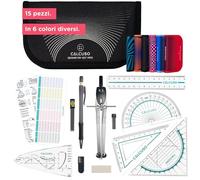 CALCUSO Set di Geometria PRO (15 Pezzi) in astuccio nero con compasso e goniometro - Pratico kit per scuola, università e ufficio - Ideale per studenti e professionisti