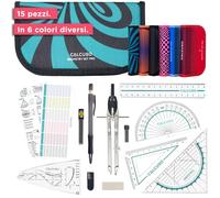 CALCUSO SET DI GEOMETRIA PRO in un astuccio turchese con compasso e goniometro - Astuccio pratico per scuola, università, ufficio e disegni - Ideale come set di geometria per la scuola