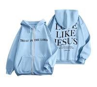 Calde felpe invernali da donna termiche Trust In The Lord Top con cappuccio foderato in pile autunnale Zip Up Love Like Jesus Christian Graphic Gesù coulisse lettera 2025 spessa fresca, blu cielo, S