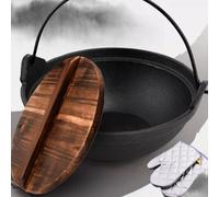 Calderone Con Coperchio E Manico In Legno, Pentola In Ghisa Per Cucinare Sul Carbone Del Camino, Forno Olandese Da Campeggio All'aperto, Nero(Diameter 28cm)