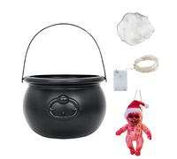 Calderone decorazione per Halloween, calderone per nebbia, calderone nero di Halloween, con bambola spaventosa, strumento decorativo per atmosfera illuminata a LED, per camino, feste di Halloween