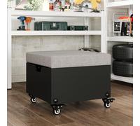 Caldion Sgabello da officina regolabile in altezza con cassetto, imbottitura in tessuto grigio, struttura in acciaio nero, ruote a 360° con freno, sgabello per attrezzi per garage e officina, 40 x 40
