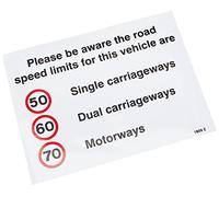 Caledonia Signs Cartello in vinile autoadesivo, 200 mm x 150 mm, 21809E Please Be Aware The Road Speed Limits for This Vehicle are 50,60,70 mph, bianco