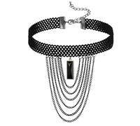 Calefee Choker Donna Goth, Collana Girocollo Gotico Pizzo Nero con Catena e Perline, Collane Multifilo Regolabile 29 cm con Catena di Estensione