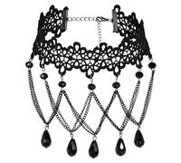 Calefee Choker Donna Goth, Girocollo Collane Gotico Pizzo Nero con Catena e Perline, Collana Multifilo Regolabile 30,3 cm con Catena di Estensione