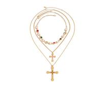 Calefee Collana a 3 Fili Di Perle Uomo, Collane Y Multistrato Croce Donna Regolabile Lunga 48 cm, Gioielli da Spiaggia