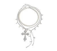 Calefee Collana Di Perle Donna a Tre Fili, Collane Multistrato Croce Regolabile Lunga 54 cm, Gioielli da Spiaggia